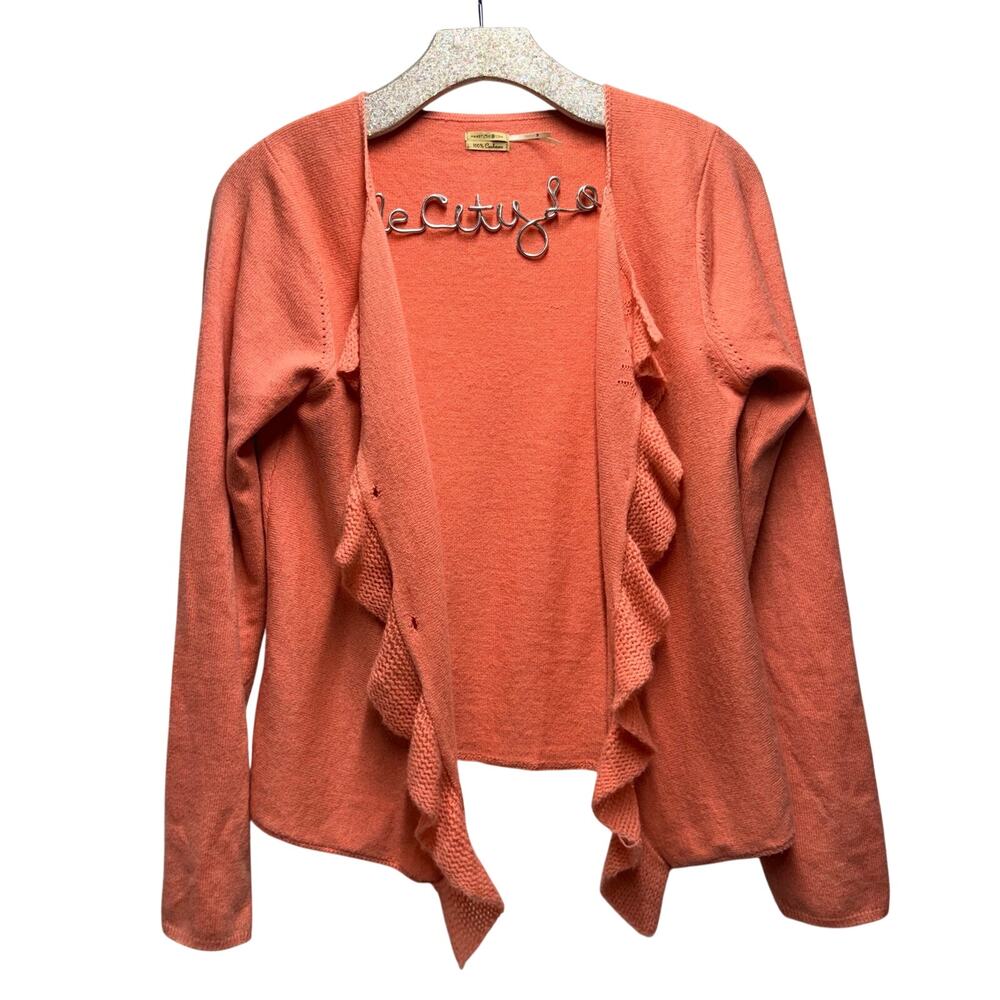 Max Studio 100% Cashmere Cardigan Sweater Coral Ruffle Medium
